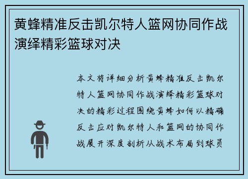 黄蜂精准反击凯尔特人篮网协同作战演绎精彩篮球对决